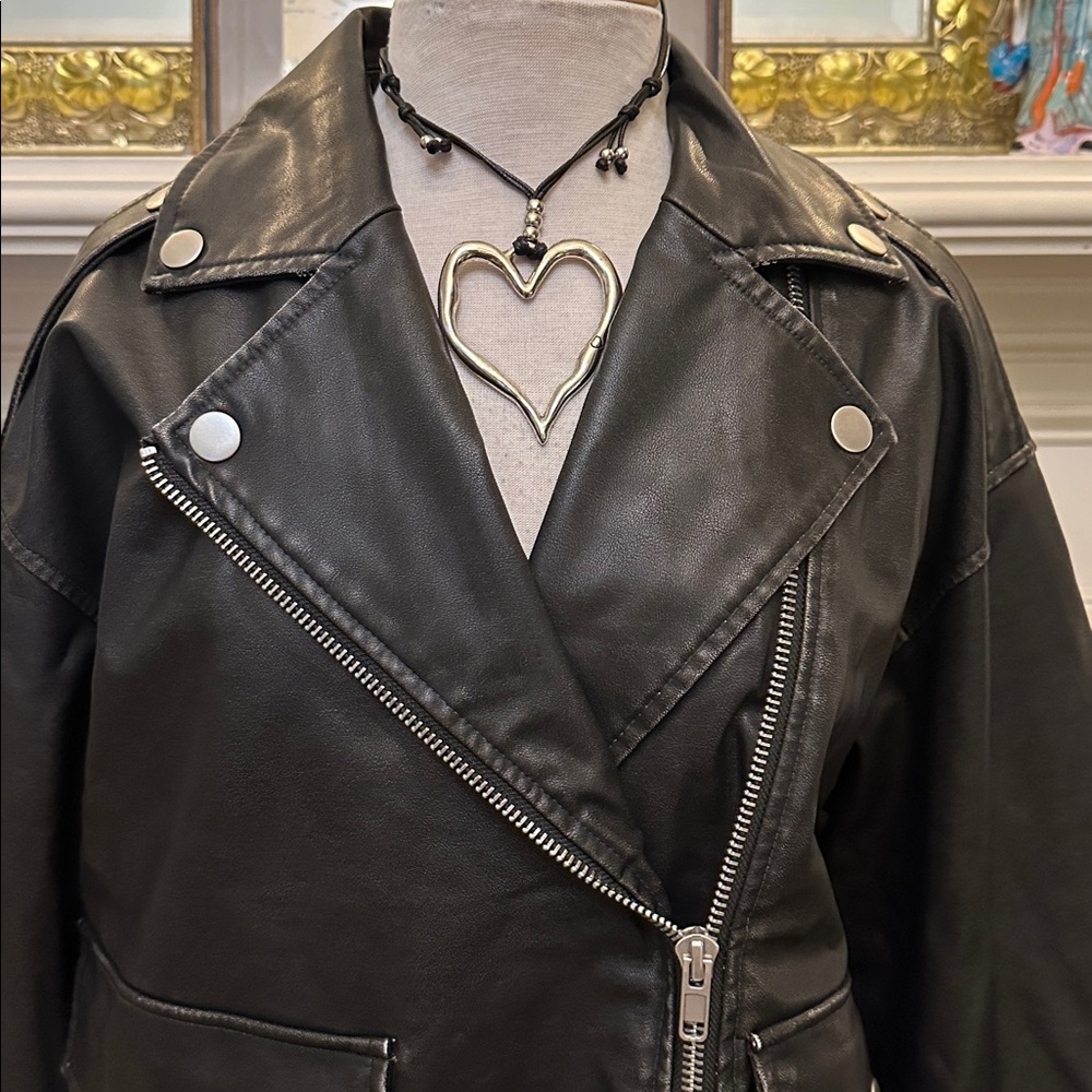 “Future Collective” Distressed Black Vegan Leather Moto Jacket - Picture 2 of 7